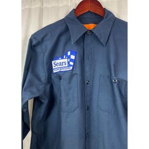 Vintage Sears Automotive Navy Blue Mechanic Work Shirt Made in USA size Medium